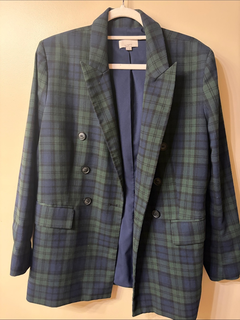 LOFT Green and Navy Plaid Double-Breasted Blazer